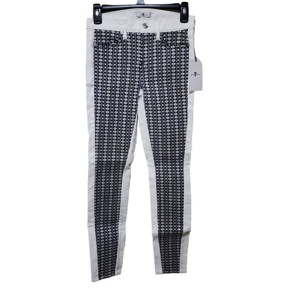 NWT 7 For All Mankind Pieced Jacquard Skinny Jeans White Stripe Geo Size 25 - Picture 1 of 10